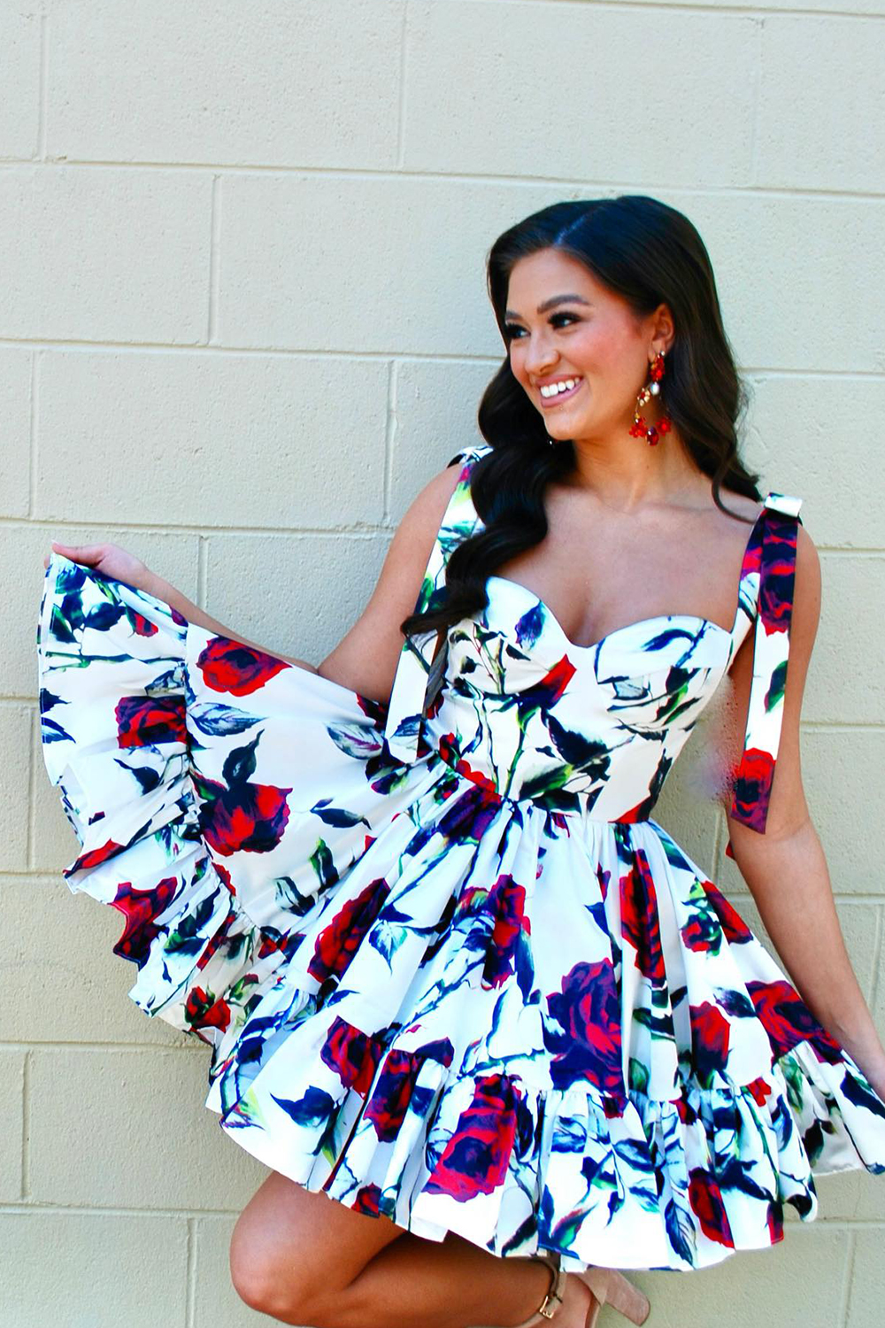 White Red Flower Printed A-Line Corset Homecoming Dress with Ruffles