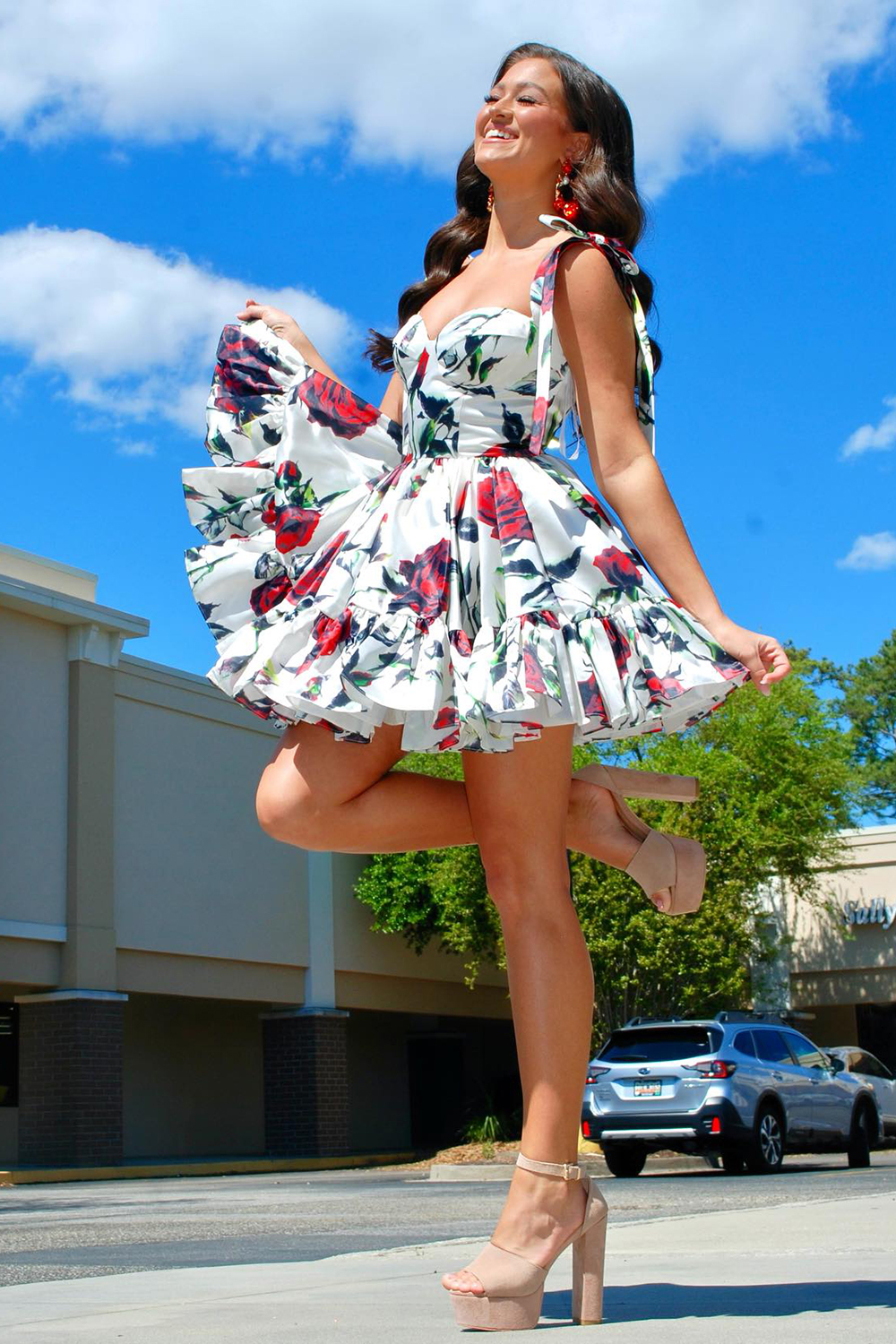 White Red Flower Printed A-Line Corset Homecoming Dress with Ruffles