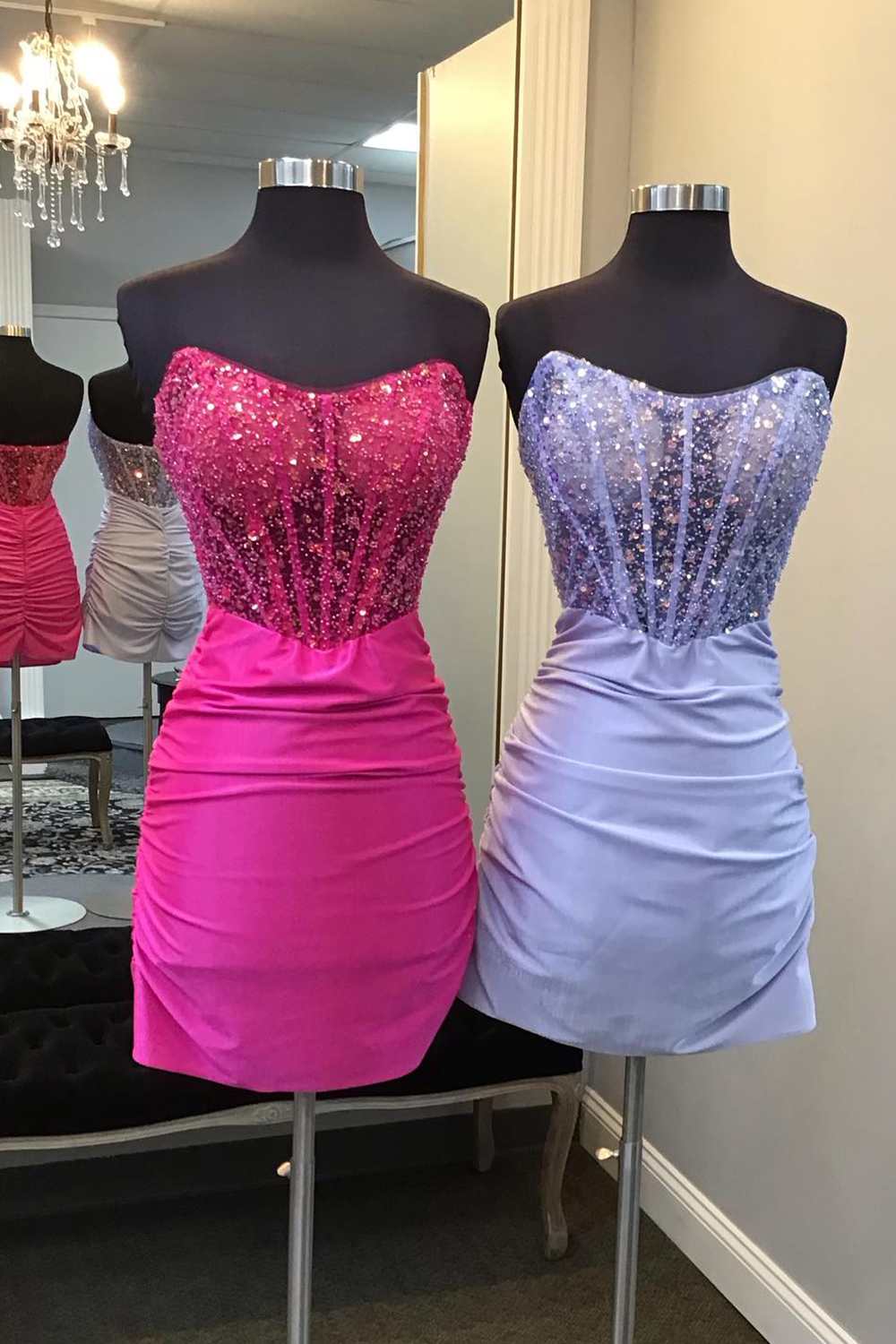 Glitter Fuchsia Strapless Sequins Bodycon Short Corset Homecoming Dress