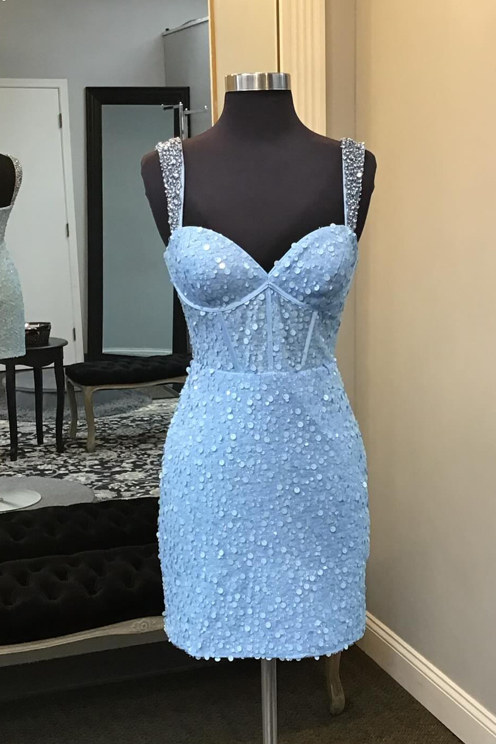 Sparkly Blue Spaghetti Straps Sequins Bodycon Short Corset Homecoming Dress 