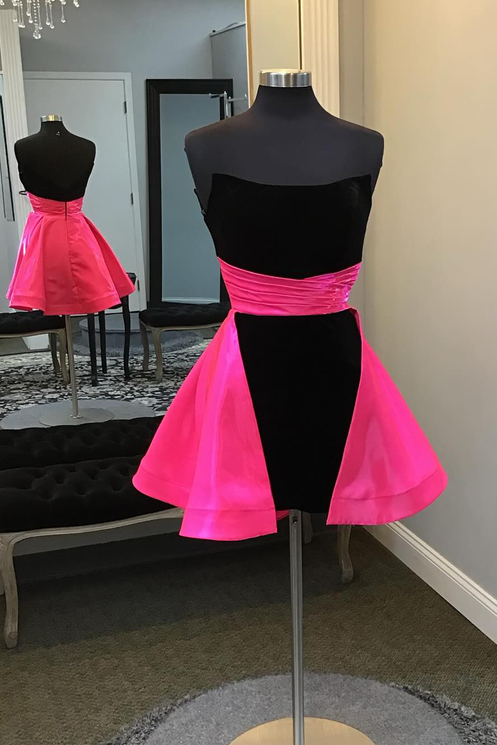 Fuchsia and Black Strapless A-Line Homecoming Dress