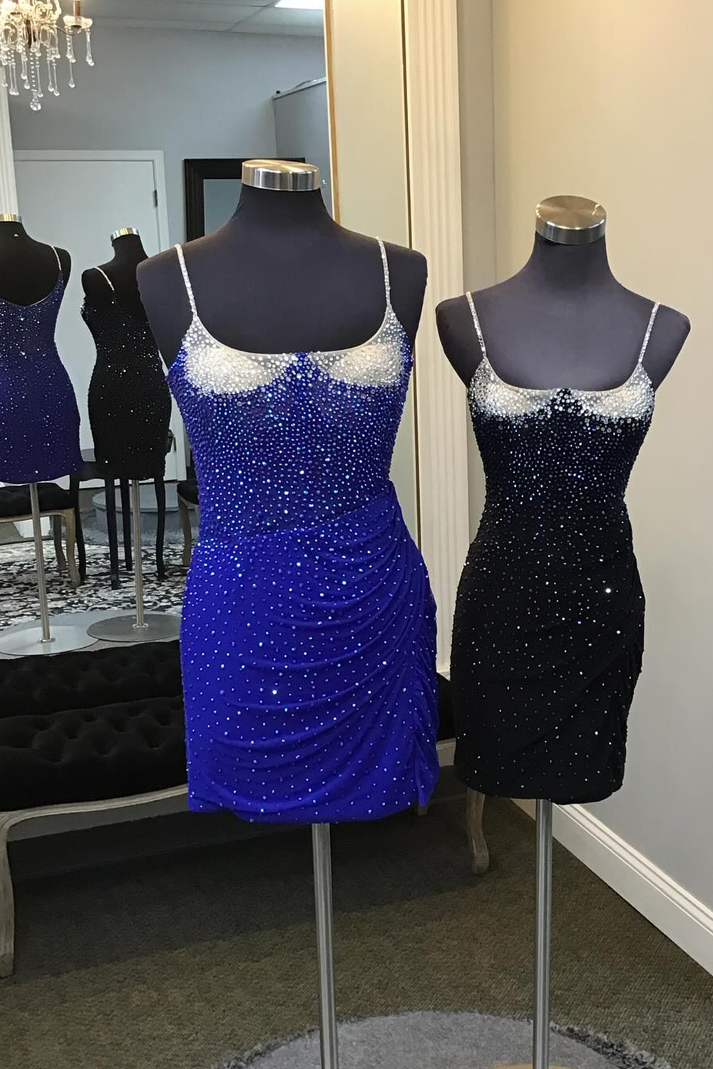 Glitter Royal Blue Spaghetti Straps Beaded Bodycon Short Homecoming Dress
