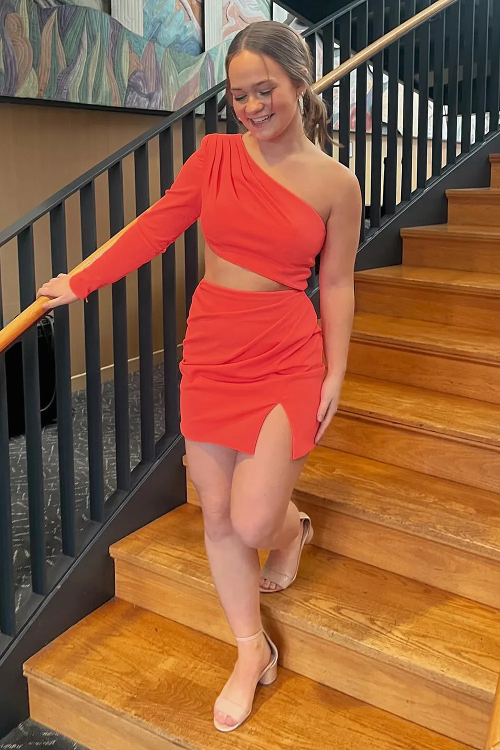 Orange One Shoulder Bodycon Cut-out Short Homecoming Dress with One Sleeve