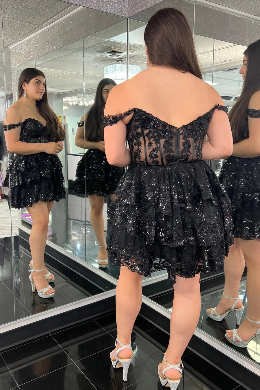 Unique A Line Off the Shoulder Plus Size Black Corset Homecoming Dress