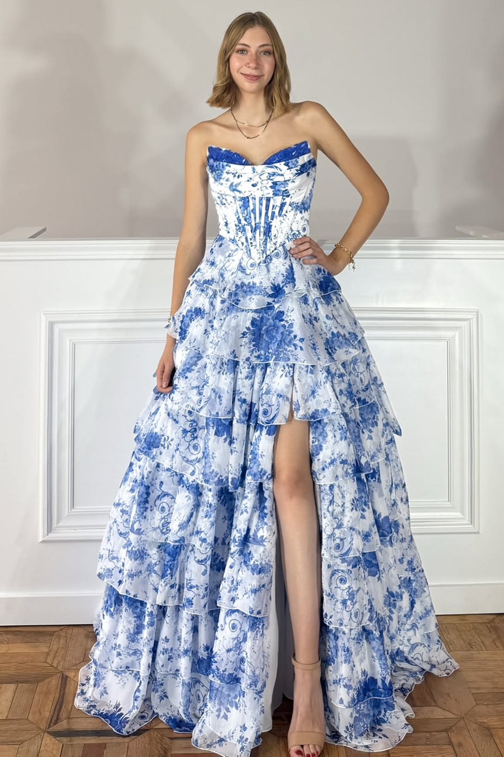 Floral Blue A-Line Corset Tiered Long Chiffon Prom Dress with Slit