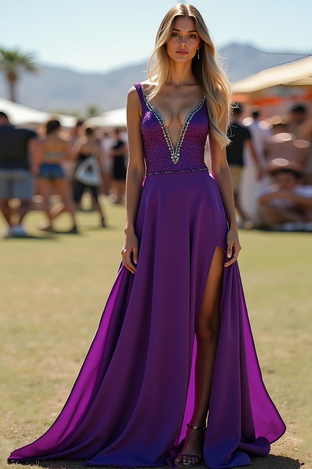 Sparkly Dark Purple Satin Long Beaded Formal Dress with Slit