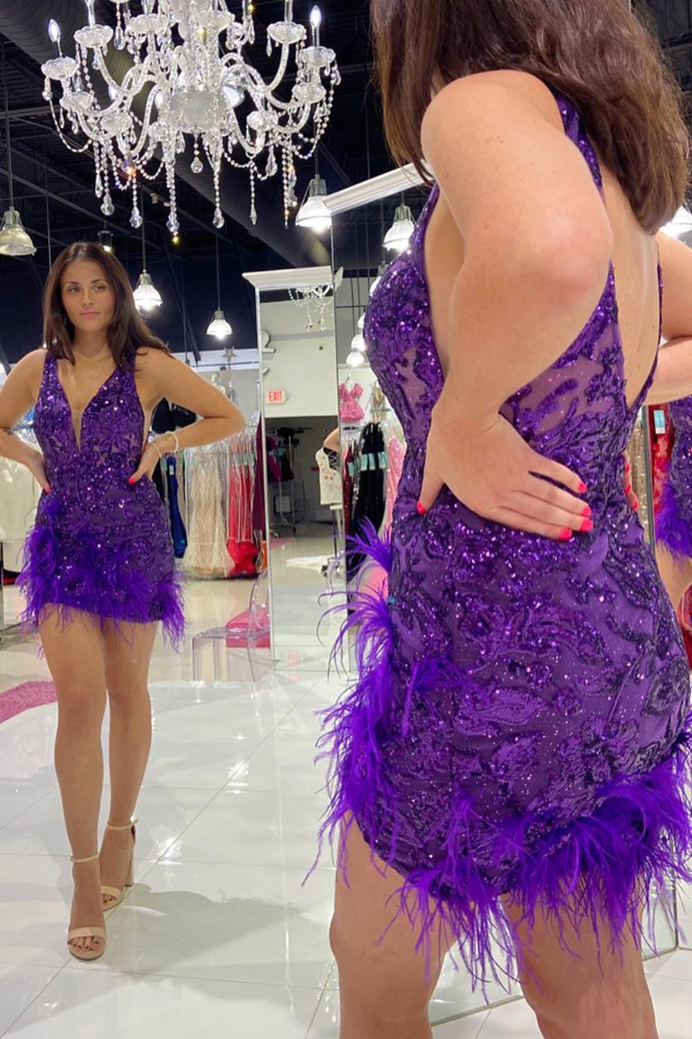 Sparkly Sheath Deep V Neck Purple Short Homecoming Dress with Feather
