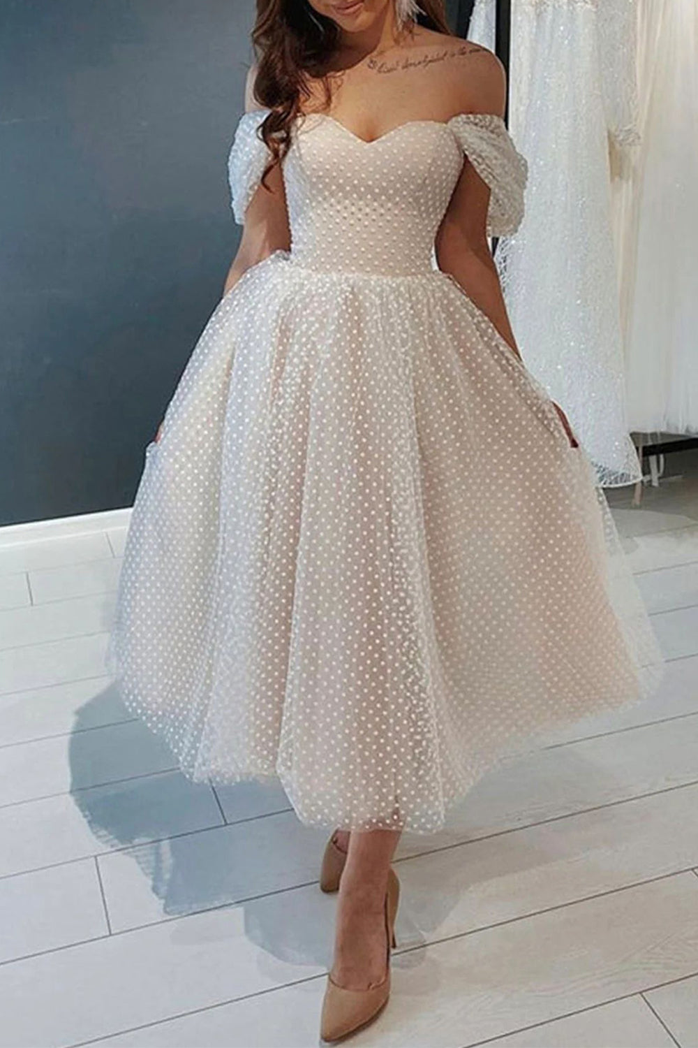 Princess A Line Off the Shoulder Ivory Tea Length Homecoming Dress