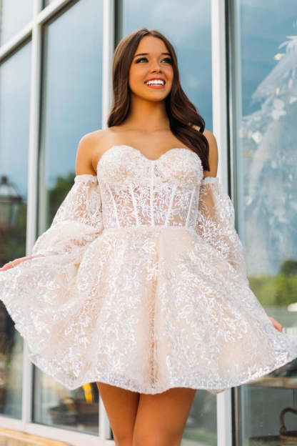 A Line Sweetheart White Corset Homecoming Dress with Sleeves