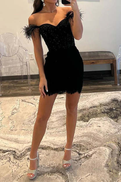 Sheath Off the Shoulder Black Short Homecoming Dress with Feather