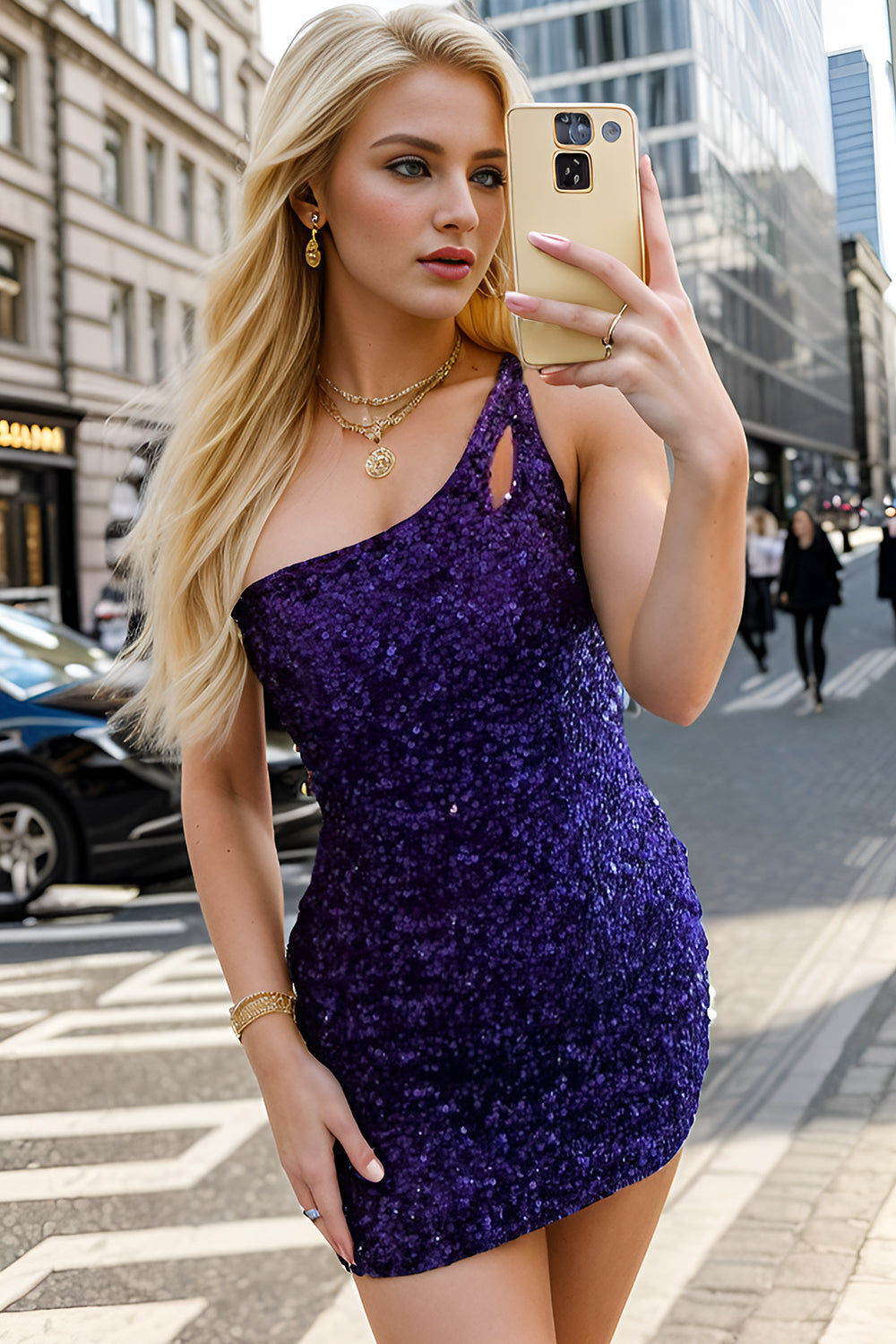 Sparkly Bodycon One Shoulder Dark Purple Sequins Short Homecoming Dress with Keyhole