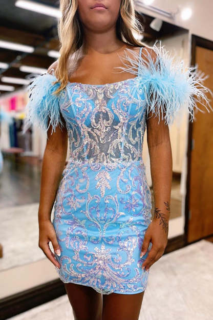 Sheath Off the Shoulder Light Blue Short Homecoming Dress with Feathers