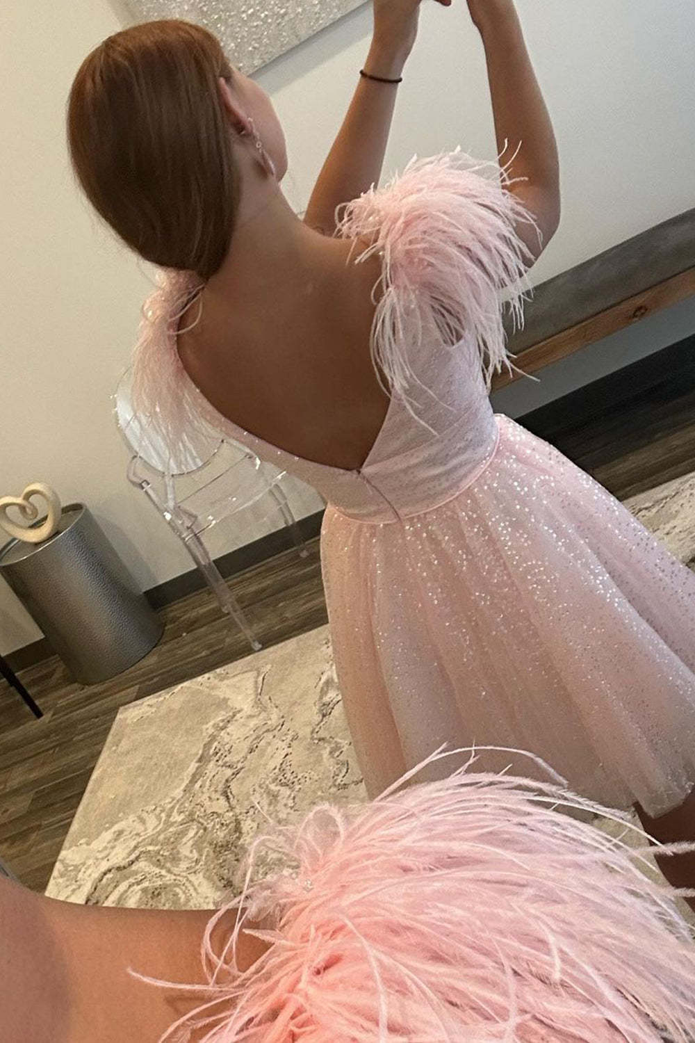 A Line Deep V Neck Light Pink Short Homecoming Dress with Feather