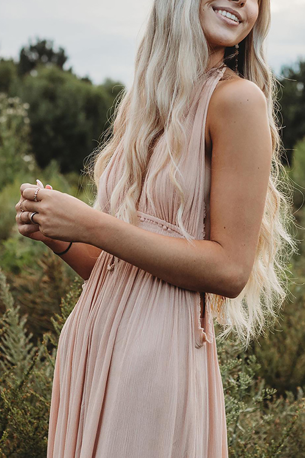 Light Pink Halter Sheath Maxi Dress with Slit
