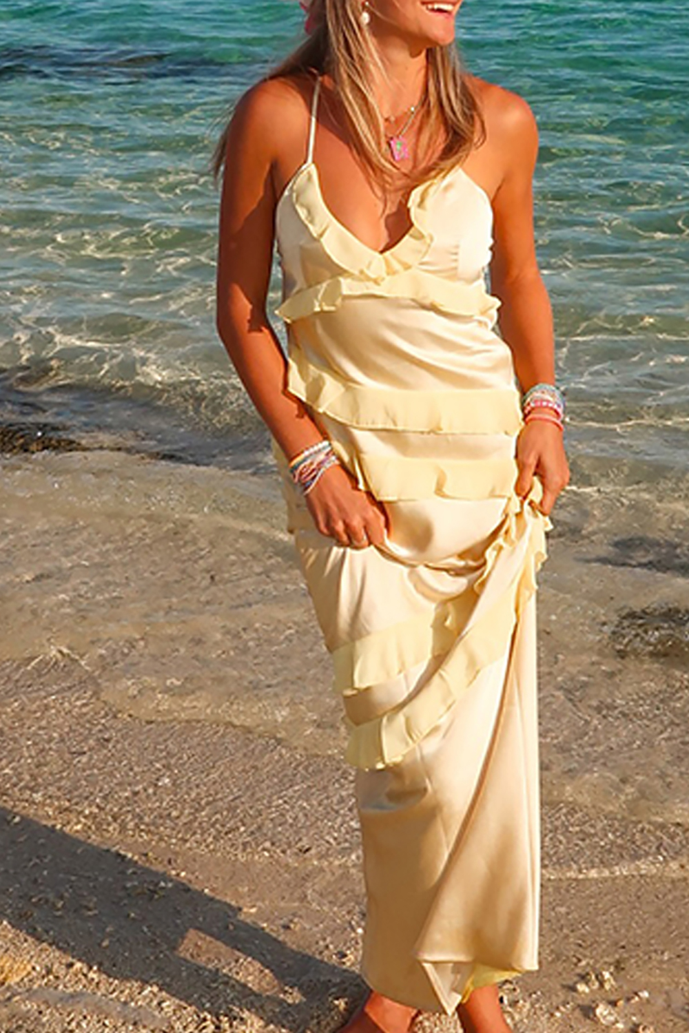 Yellow Sheath Spaghetti Straps Maxi Dress with Ruffles