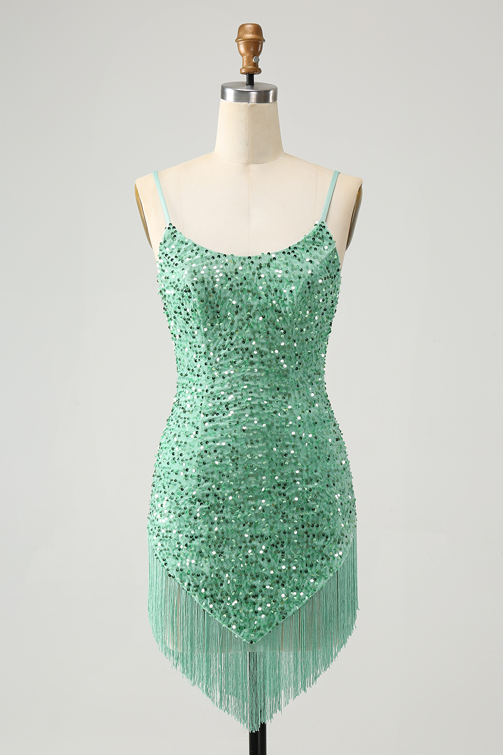 Sparkly Sage Spaghetti Straps Bodycon Sequins Short Homecoming Dress with Fringe