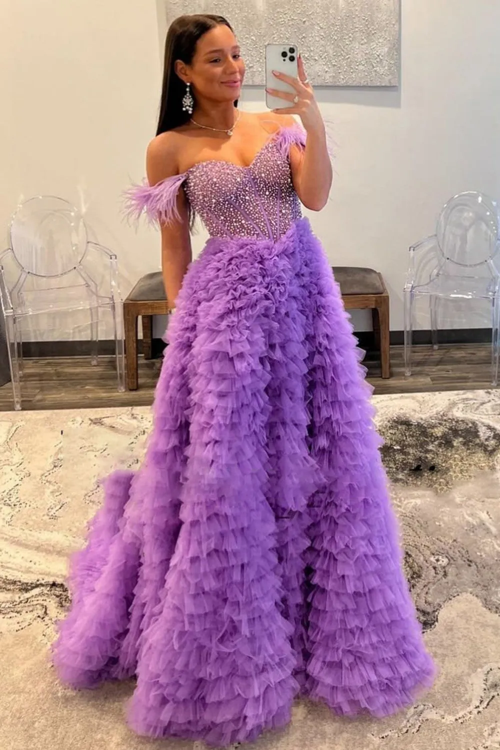 Purple Off the Shoulder Tulle Tiered A-Line Long Corset Prom Dress with Feather