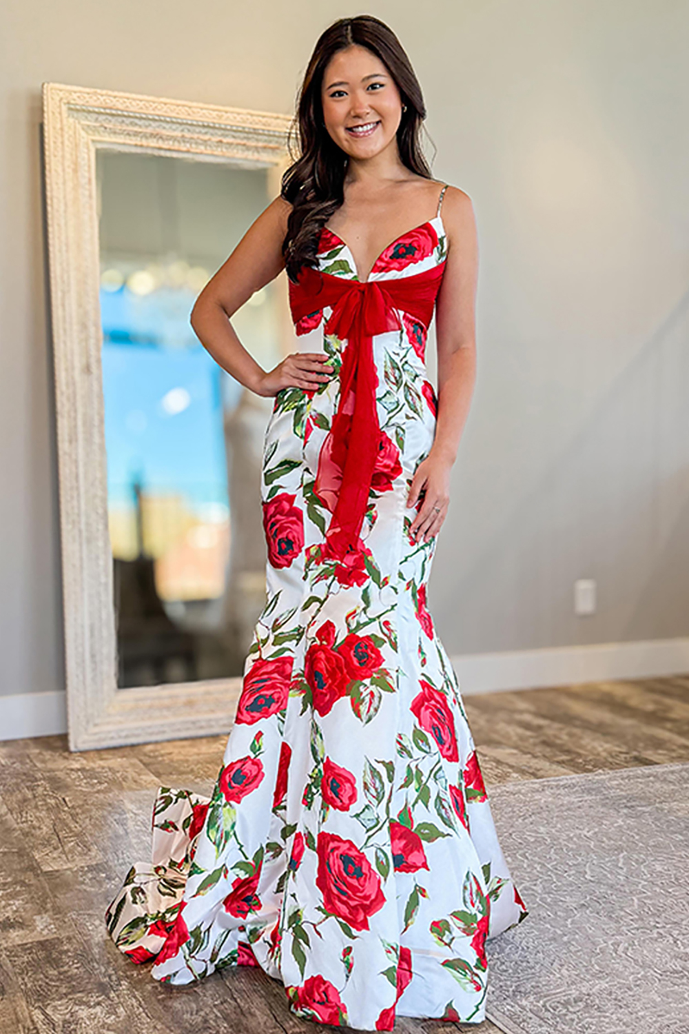 Floral White Red Mermaid Spaghetti Straps Long Prom Dress with Bow