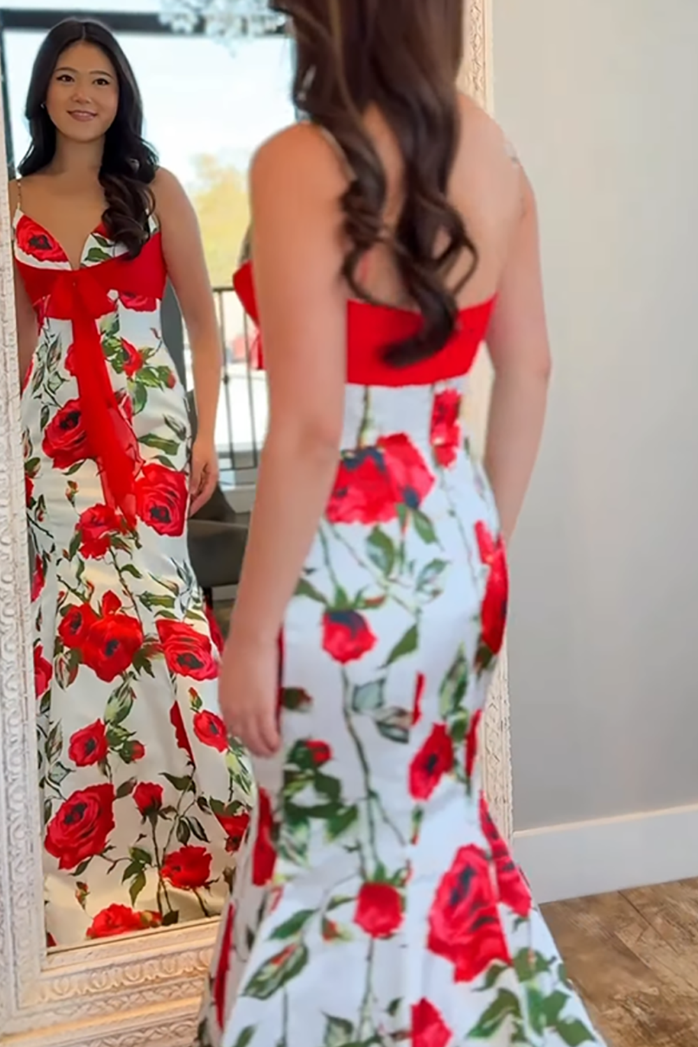 Floral White Red Mermaid Spaghetti Straps Long Prom Dress with Bow