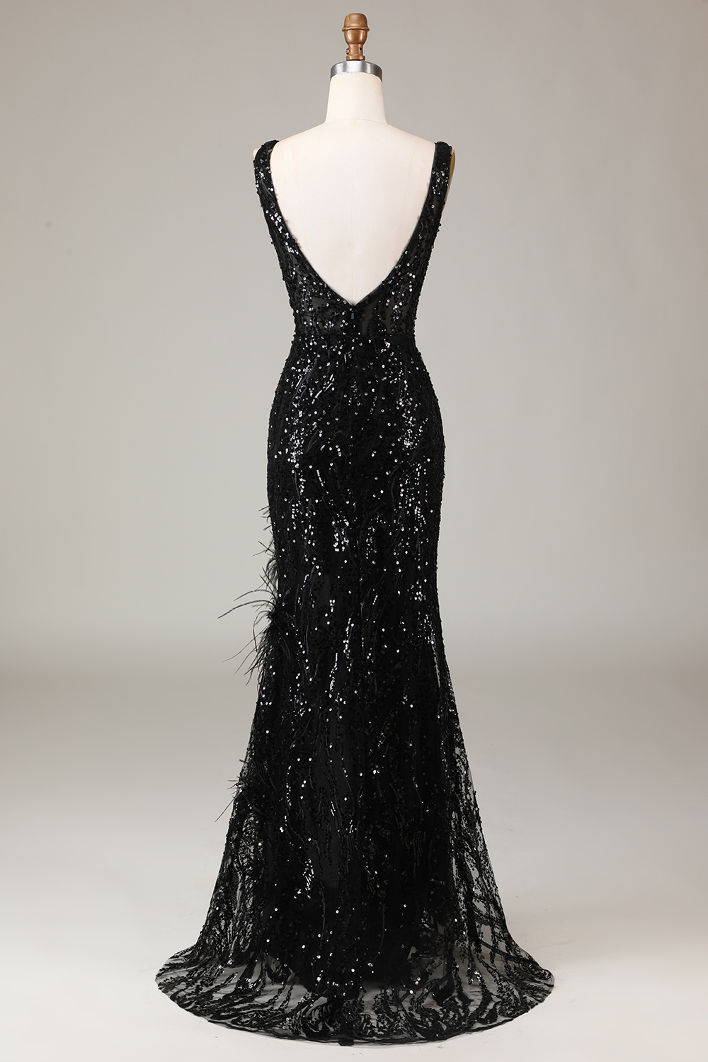 Black Sequin V-Neckline Feather Hem Dress