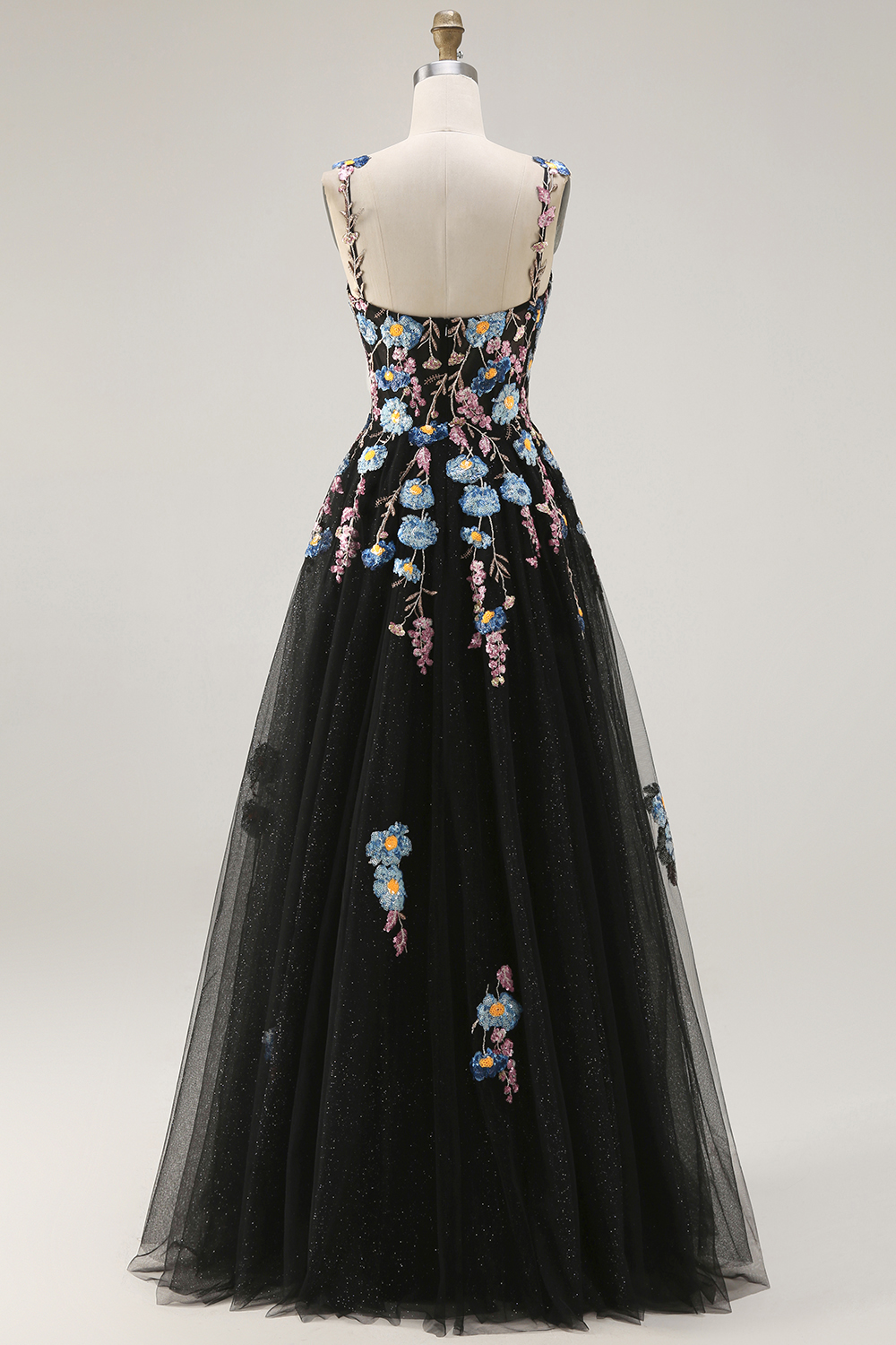 Floral Black A Line Spaghetti Straps Long Tulle Prom Dress with Embroidery