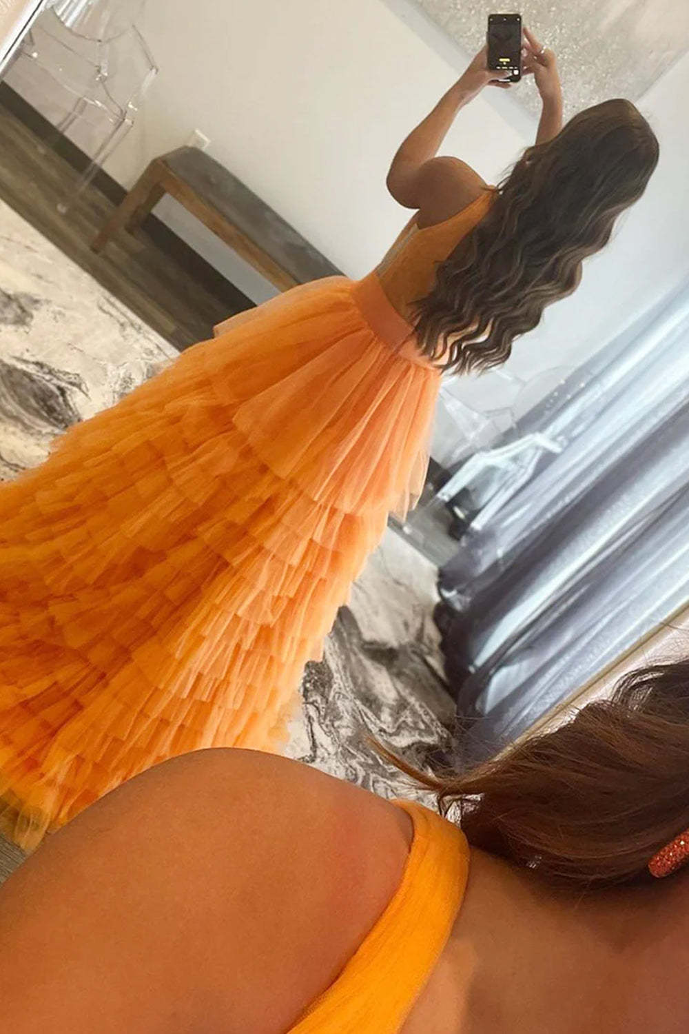 Orange V-Neck Tulle Long Prom Dress