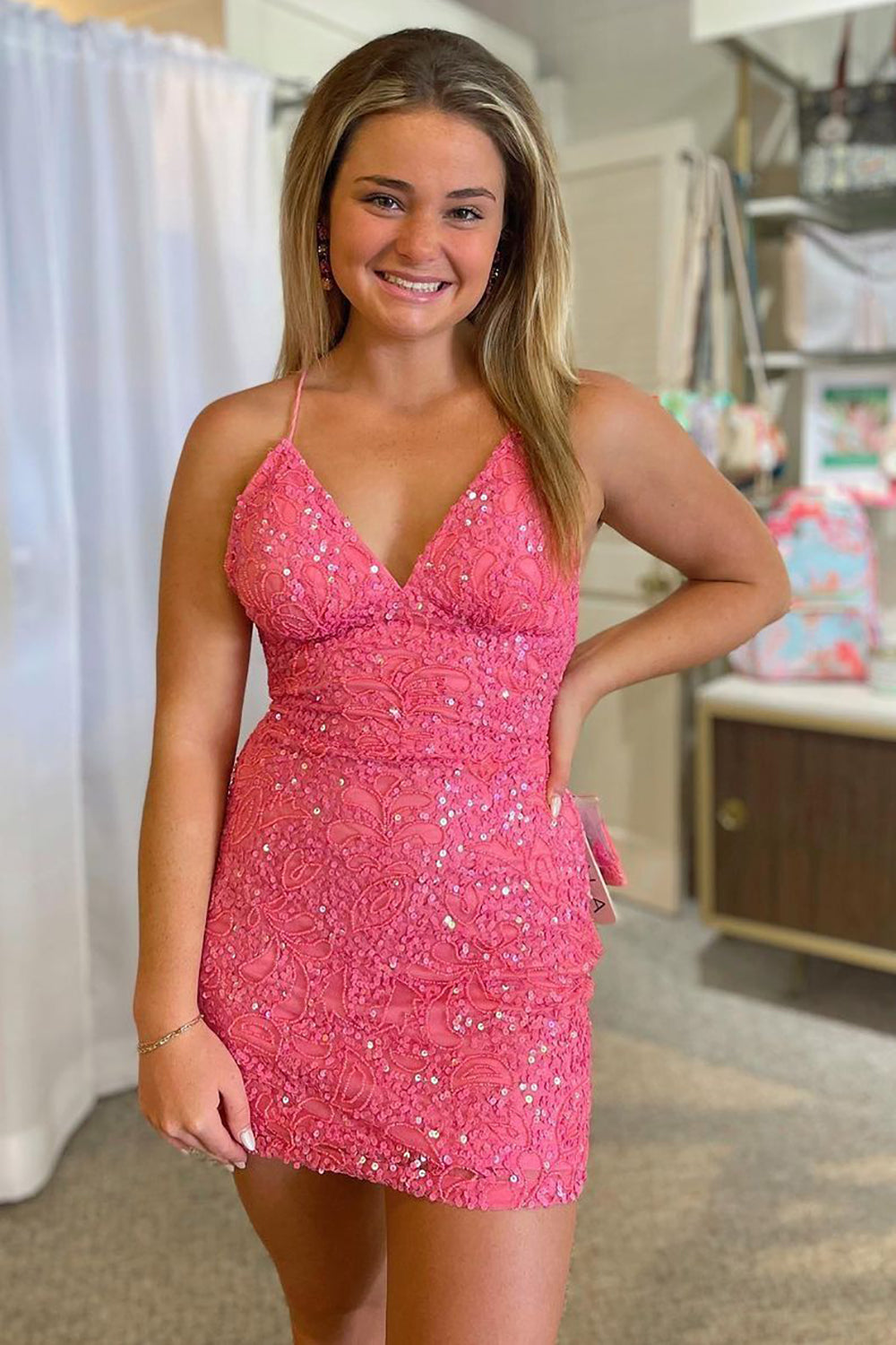 Bodycon Spaghetti Straps Pink Sequins Short Homecoming Dress with Criss Cross Back