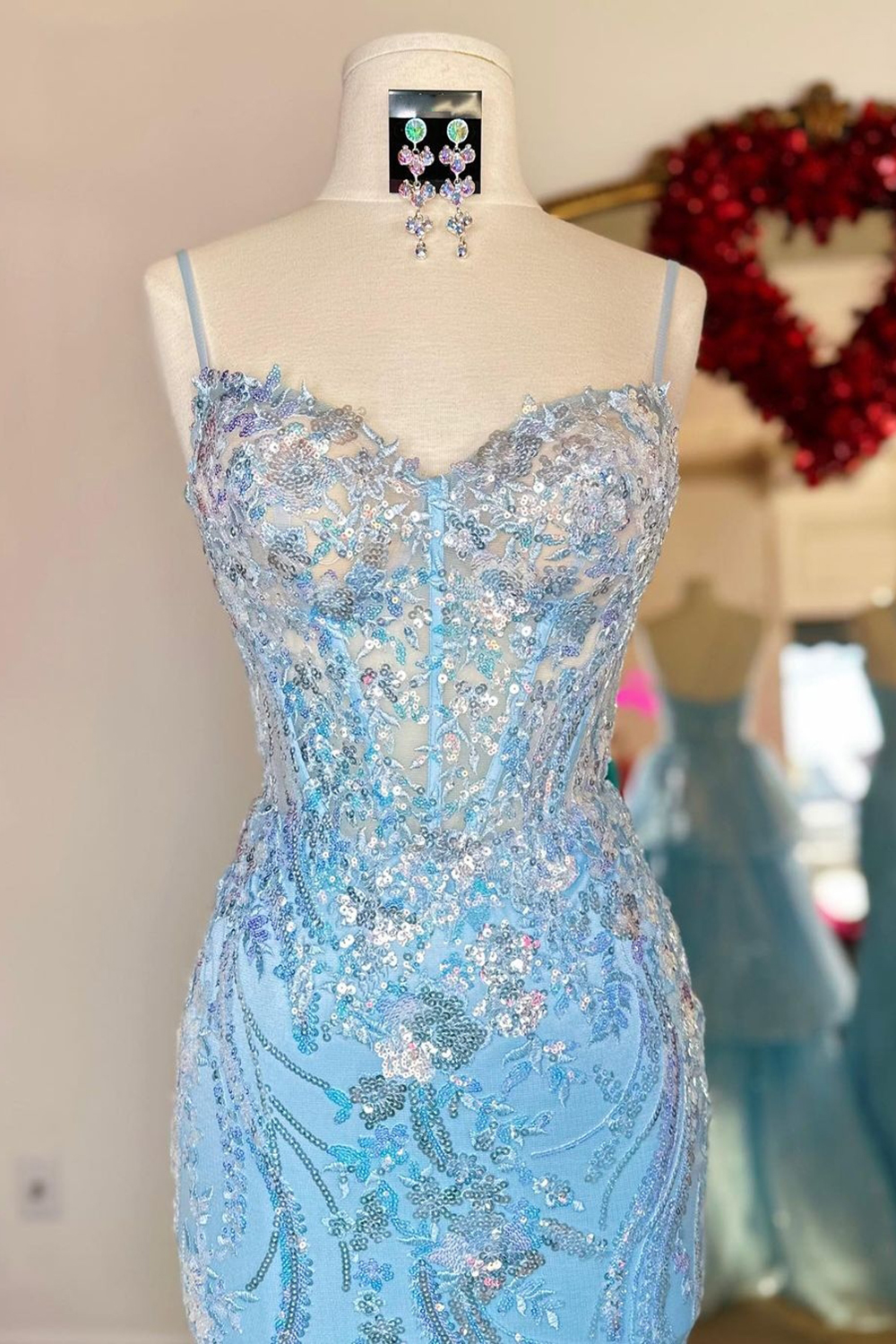 Luxurious Mermaid Spaghetti Straps Blue Corset Prom Dress with Sequins