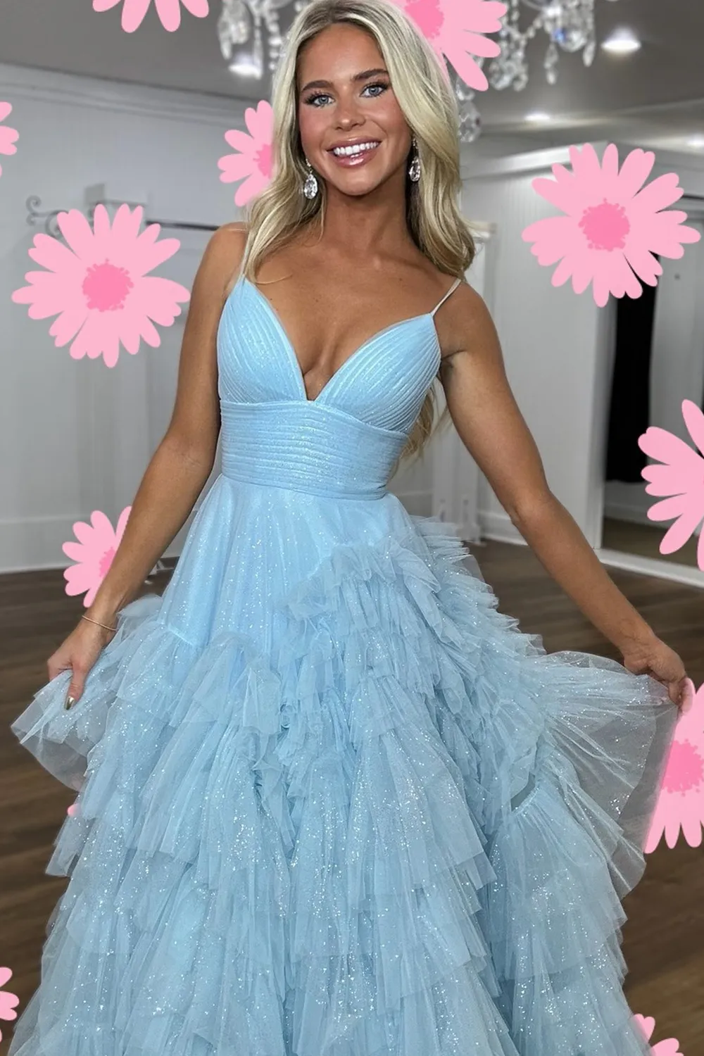 A Line Spaghetti Straps Pink Long Prom Dress with Ruffles