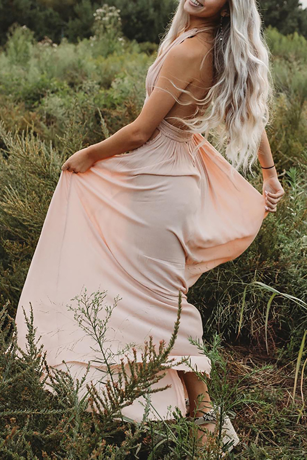 Light Pink Halter Sheath Maxi Dress with Slit