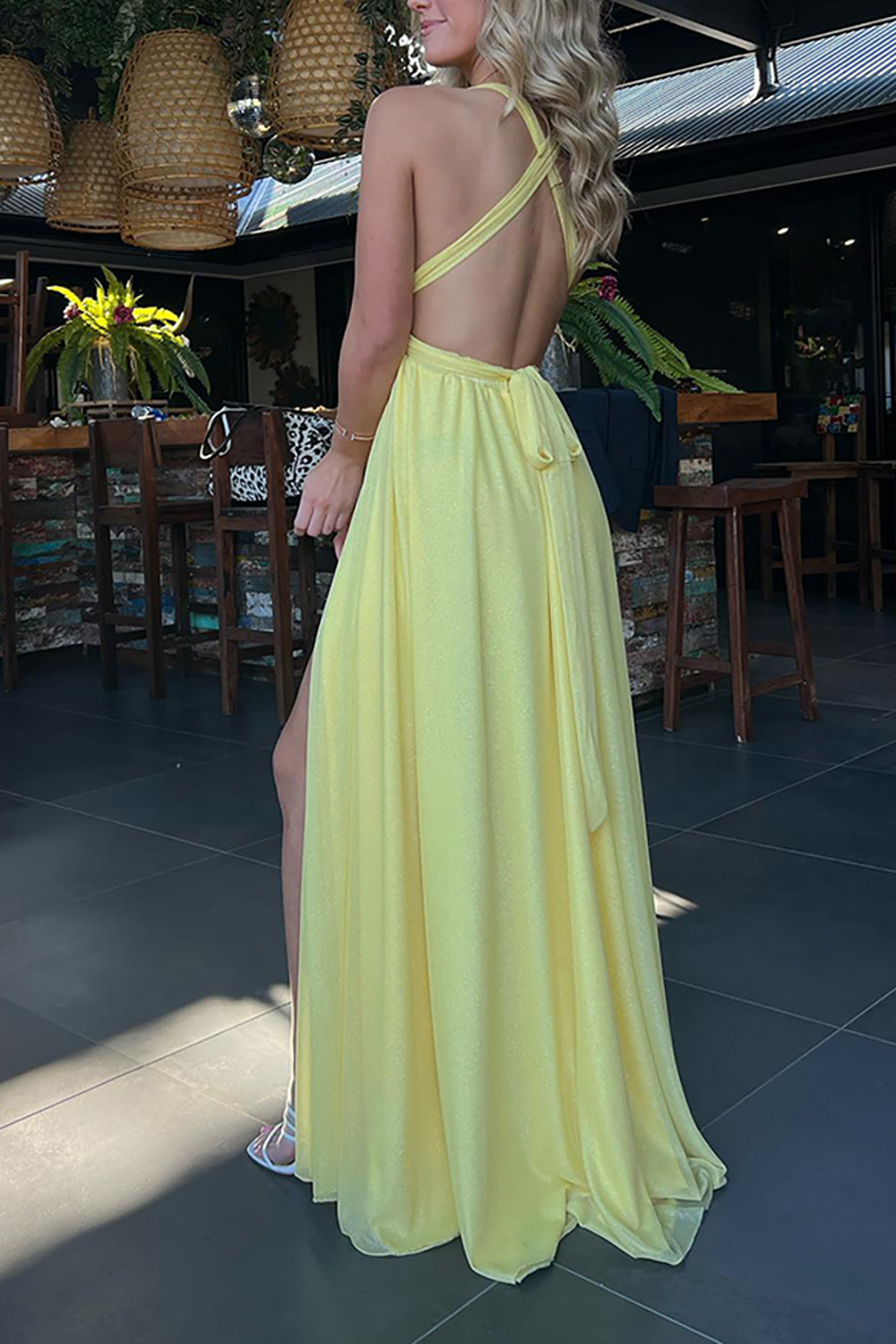 Yellow V-Neck Pleated A Line Maxi Dress with Slit