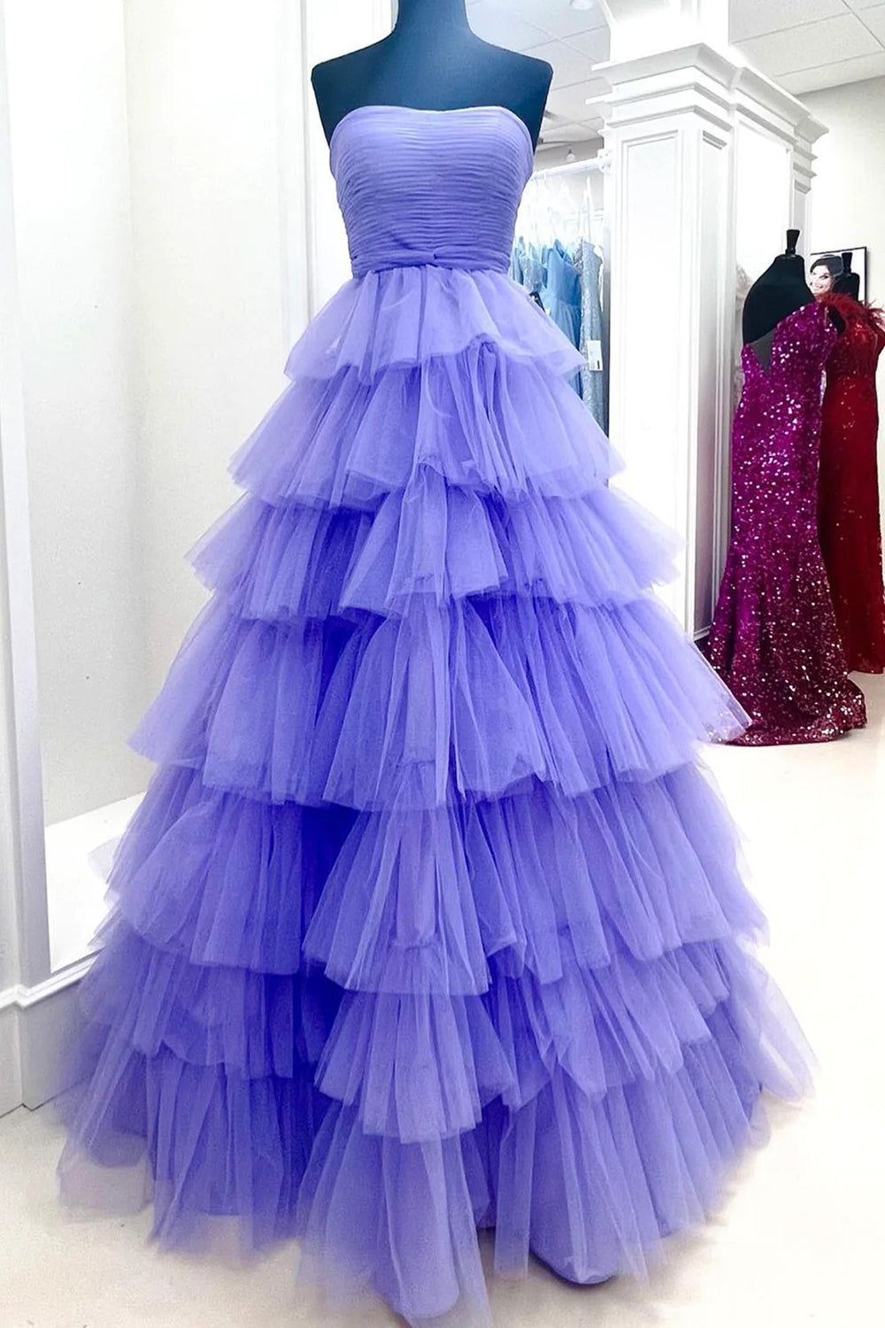 A Line Straples Purple Long Prom Dress with Ruffles