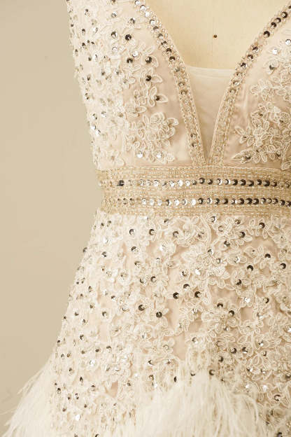 White Spaghetti Straps Sequins Short Homecoming Dress with Feather