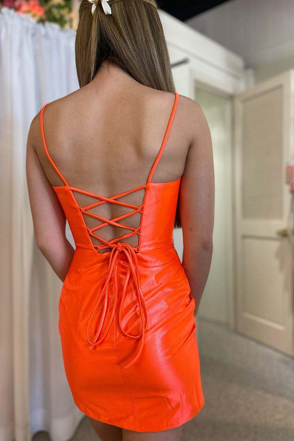 Sheath Spaghetti Straps Orange Short Homecoming Dress with Criss Cross Back