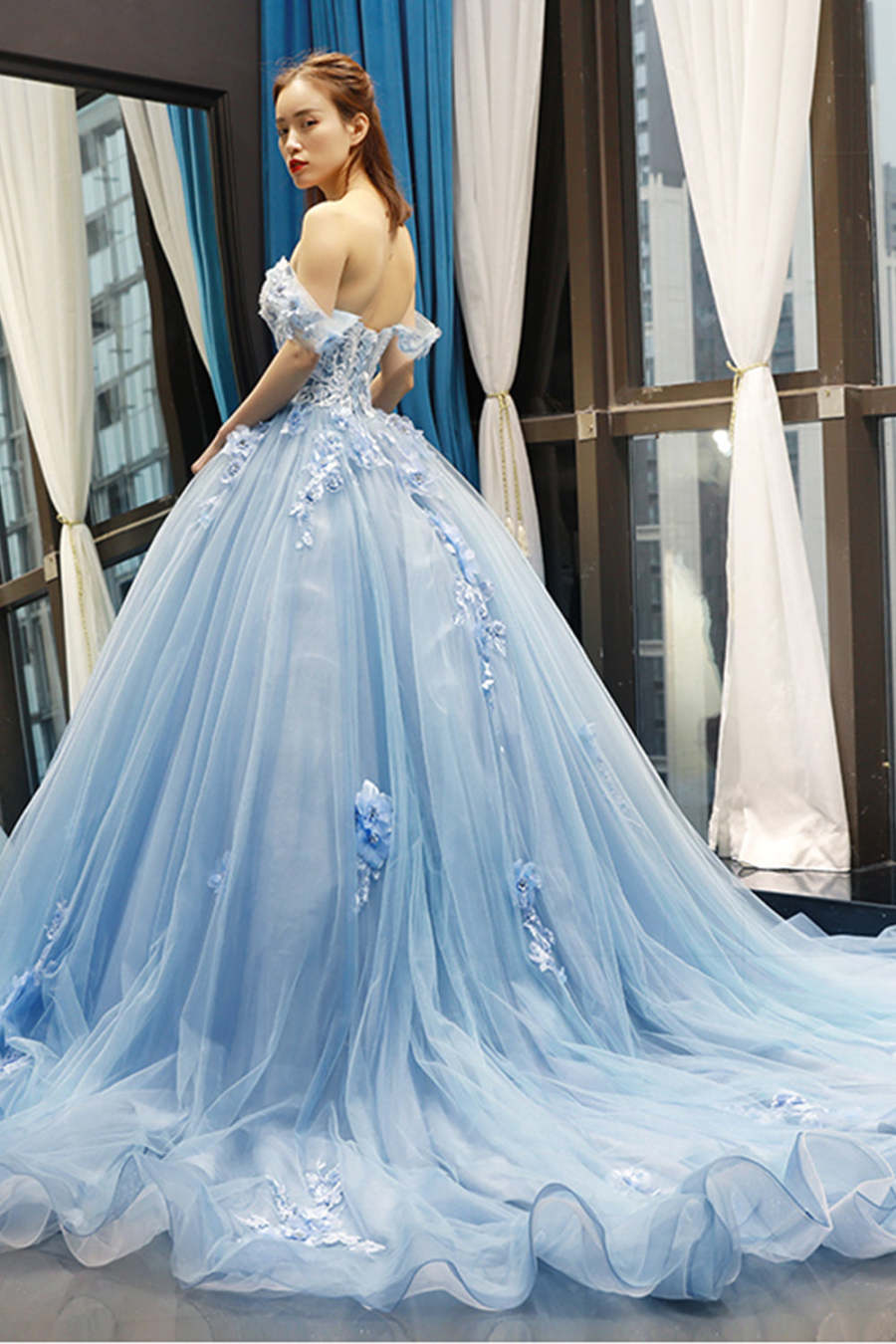 Sparkly Off Shoulder Light Blue Ball Gown Prom Dress Beaded Tulle,OLP1932