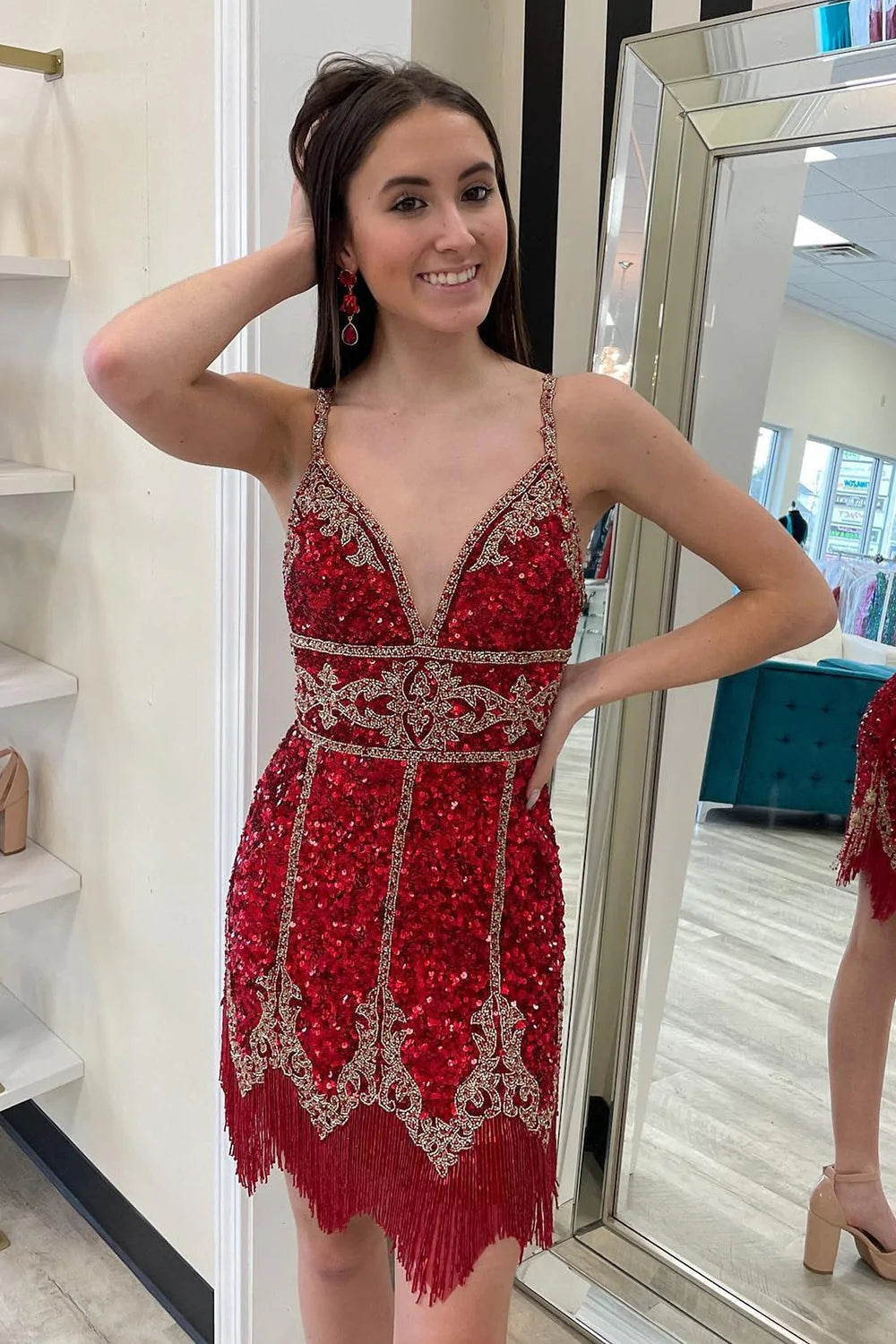 Shetah Fuchsia Sequins Spaghetti Straps Short Homecoming Dress