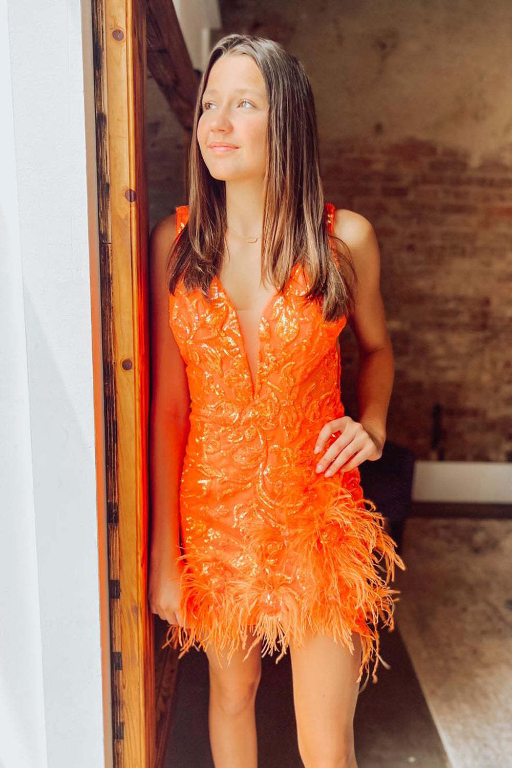 Sparkly Sheath Deep V Neck Orange Sequins Short Homecoming Dress with Feather