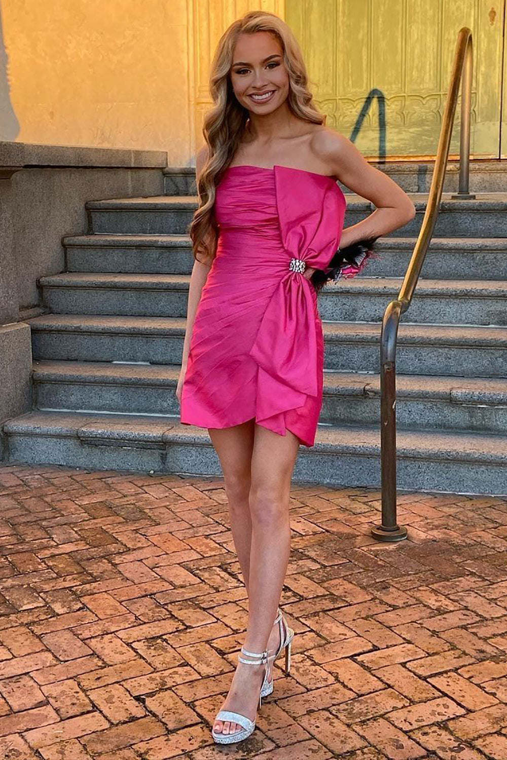 Sheath Strapless Hot Pink Short Homecoming Dress with Bowknot