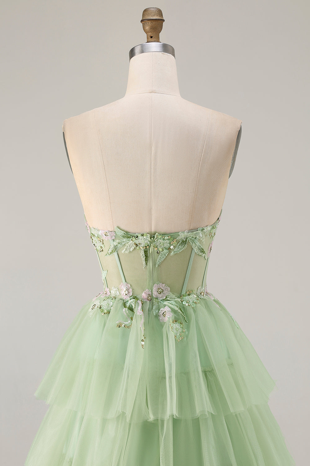 Sparkly Floral Green A Line Strapless Long Corset Prom Dress with Ruffles