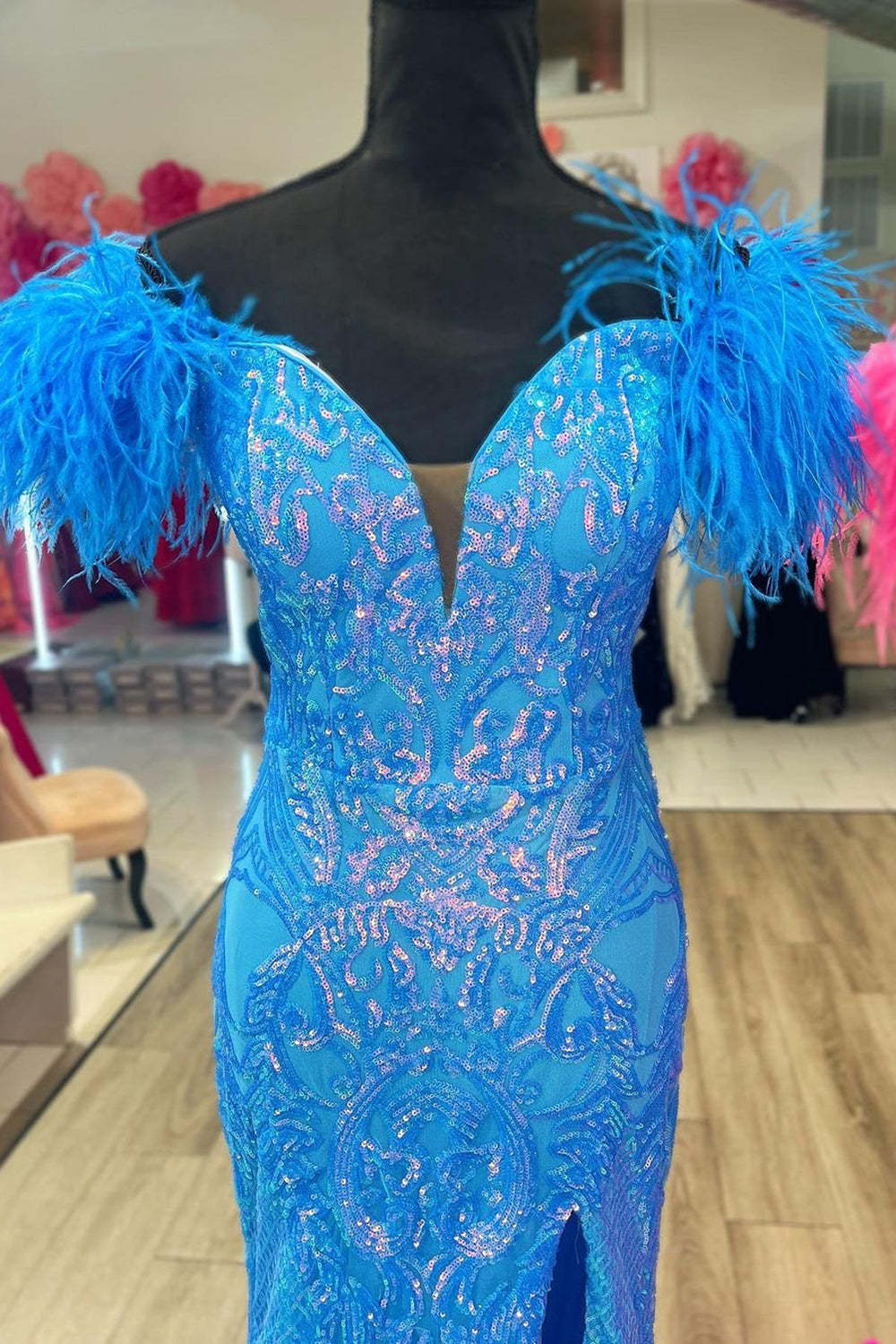 Glittering Glamour Mermaid Off the Shoulder Hot Pink/Blue Long Prom Dress with Feather