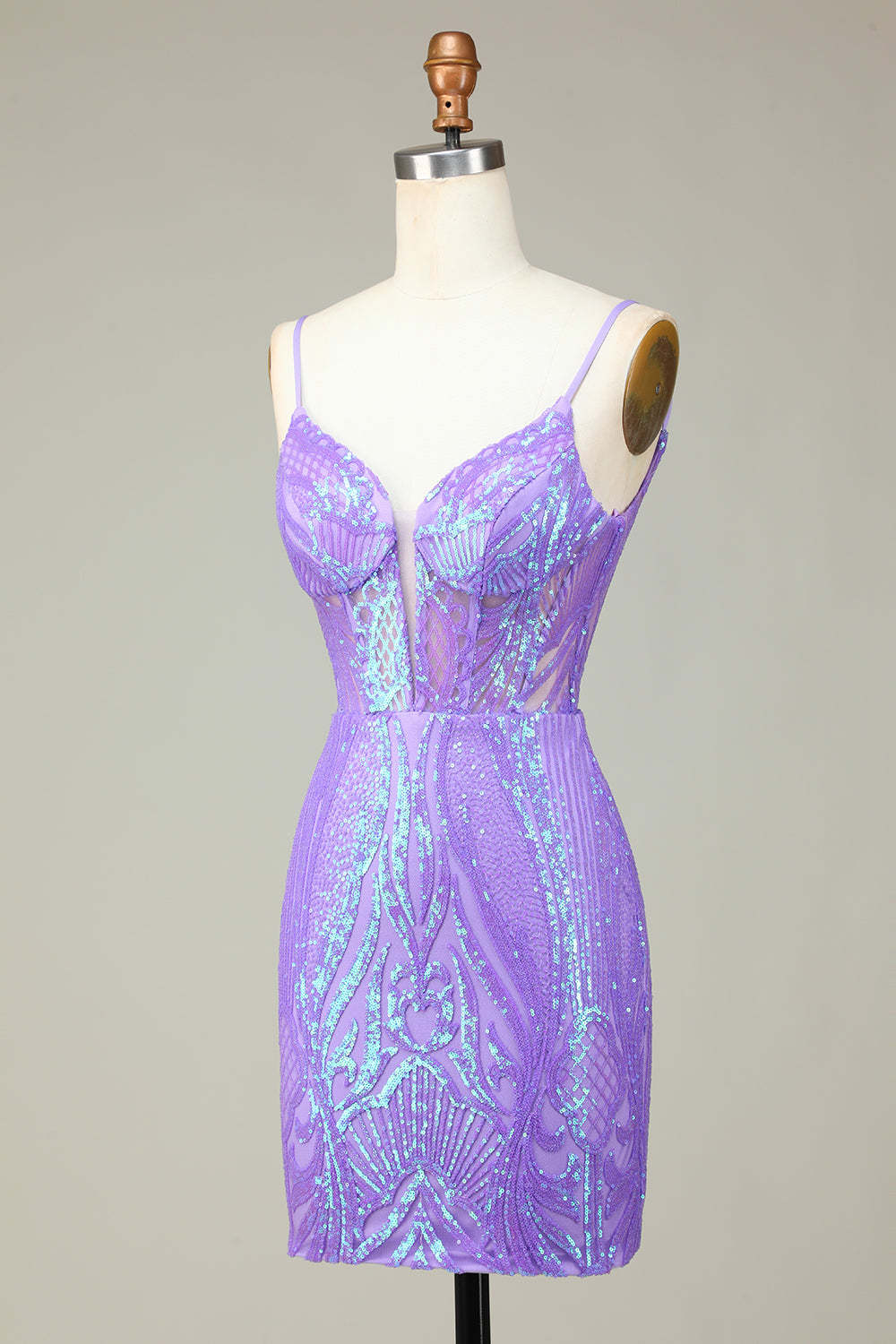 Sparkly Sheath Spaghetti Straps Lilac Sequins Short Homecoming Dress with Criss Cross Back