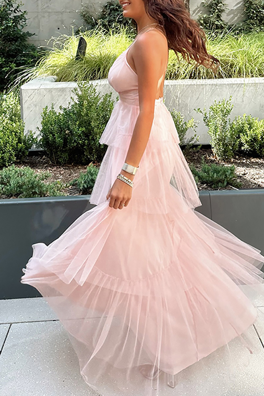 Blush Tulle Halter Tiered A Line Maxi Dress with Ruffles