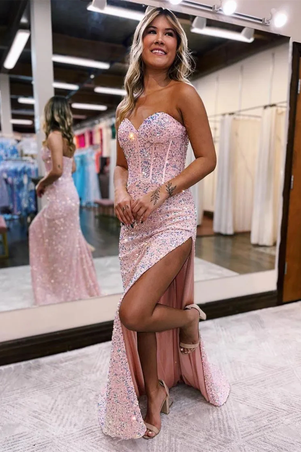 Sheath Sweetheart Sky Blue Sequins Long Prom Dress with Split Front