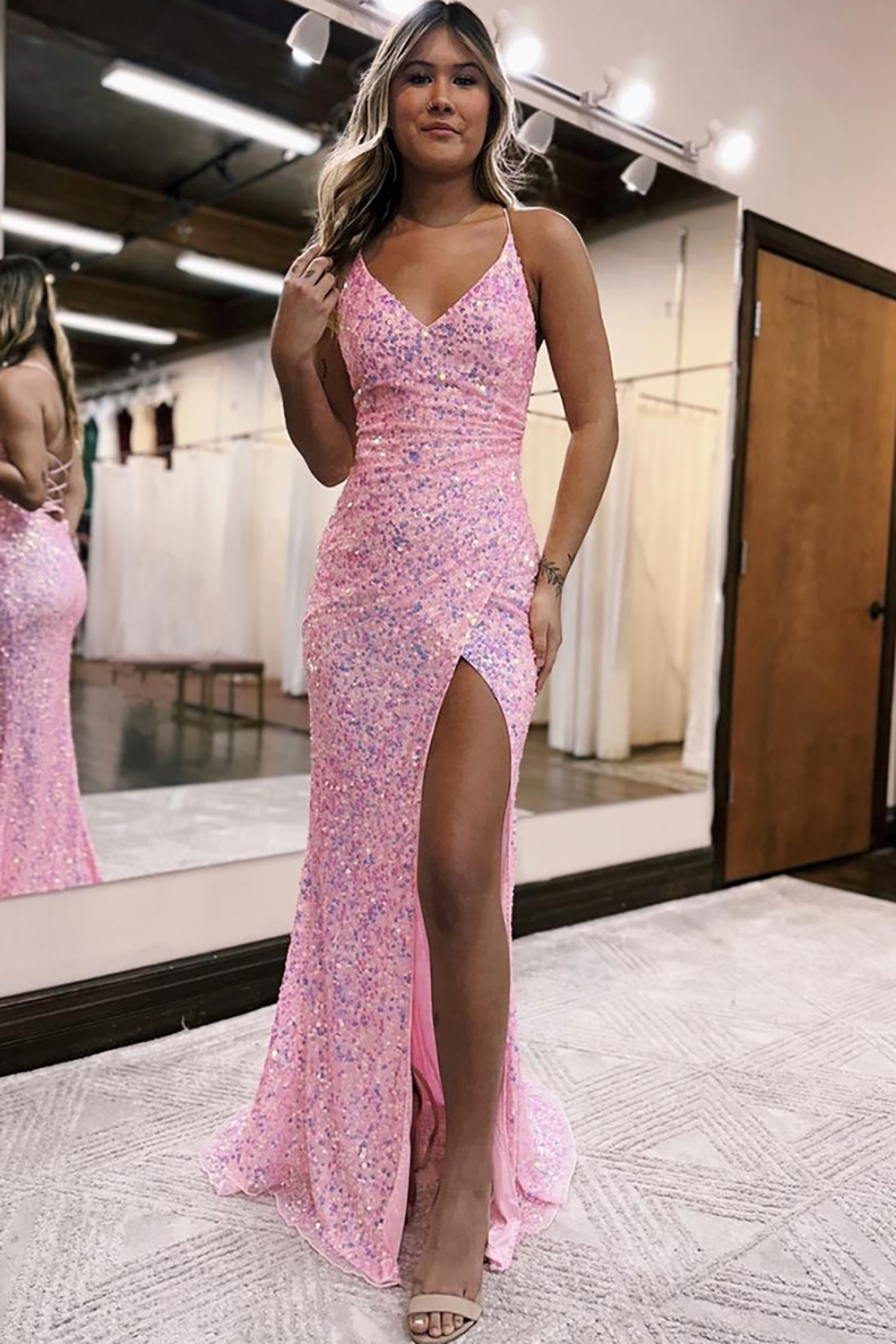 Sparkly Pink Spaghetti Straps Sequins Mermaid Long Prom Dress with Slit