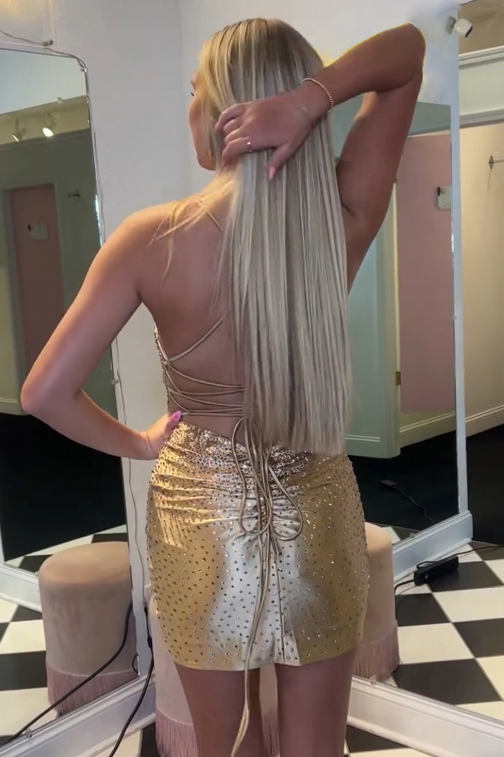 Golden Spaghetti Straps Beaded Bodycon Short Homecoming Dress