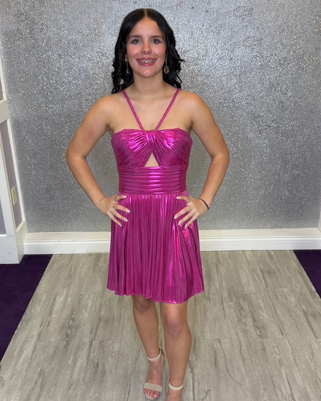 Metallic Silver Spaghetti Straps Pleated A-Line Short Homecoming Dress