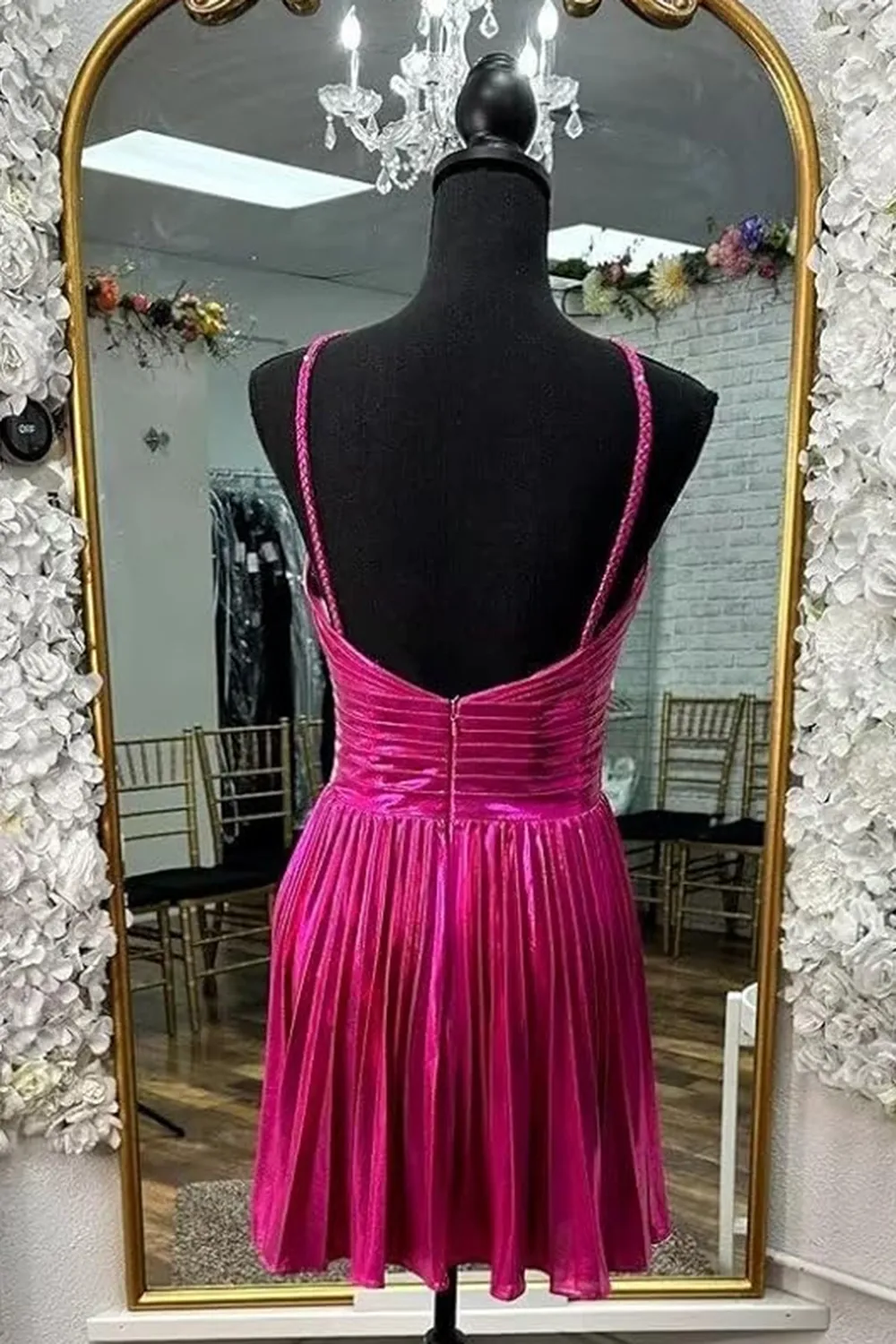 Metallic Golden Spaghetti Straps Pleated A-Line Short Homecoming Dress