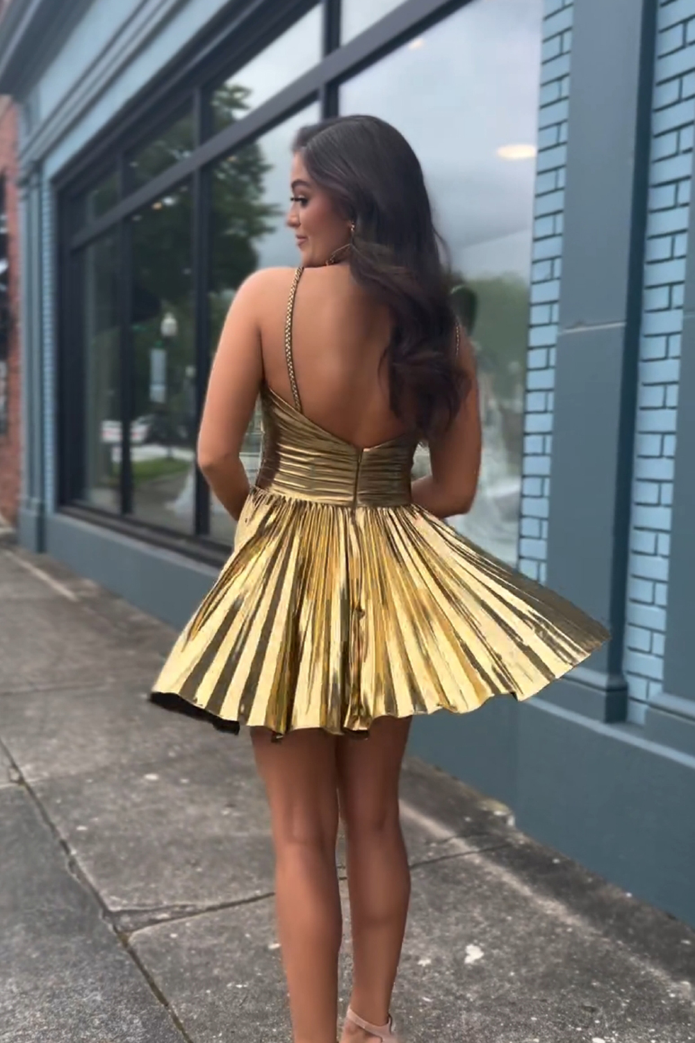 Golden Spaghetti Straps Pleated A-Line Short Homecoming Dress