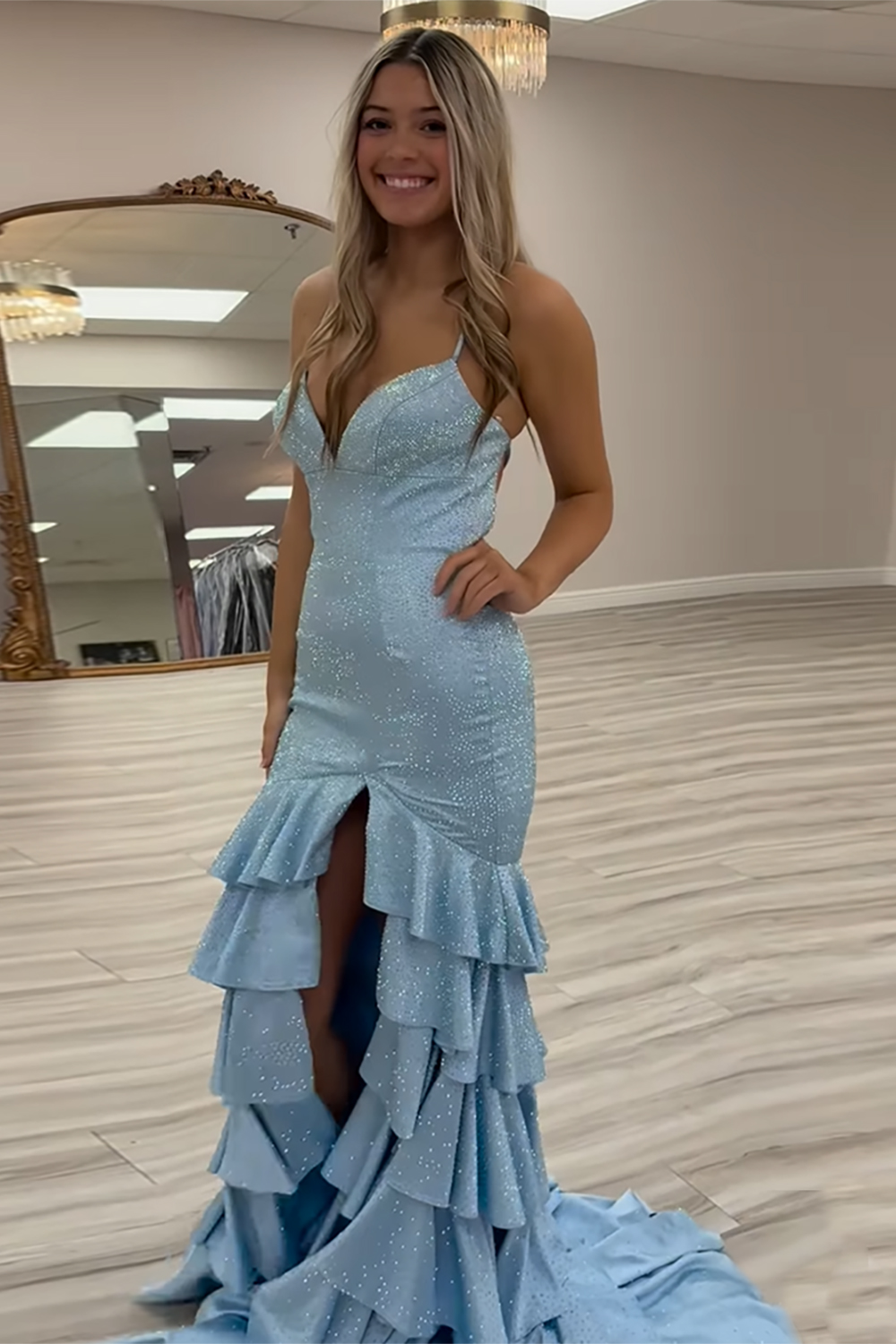 Sparkly Yellow Mermaid Tiered Backless Long Beaded Prom Dress with Slit