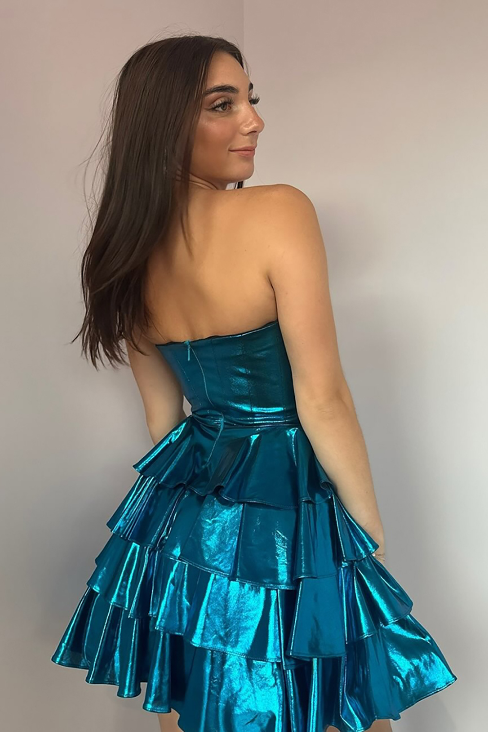 Metallic Royal Blue A-Line Strapless Short Corset Homecoming Dress